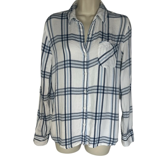 Woolrich Blue and White Long Sleeve Button Down Shirt with Cuffed Sleeves size M - Picture 1 of 7